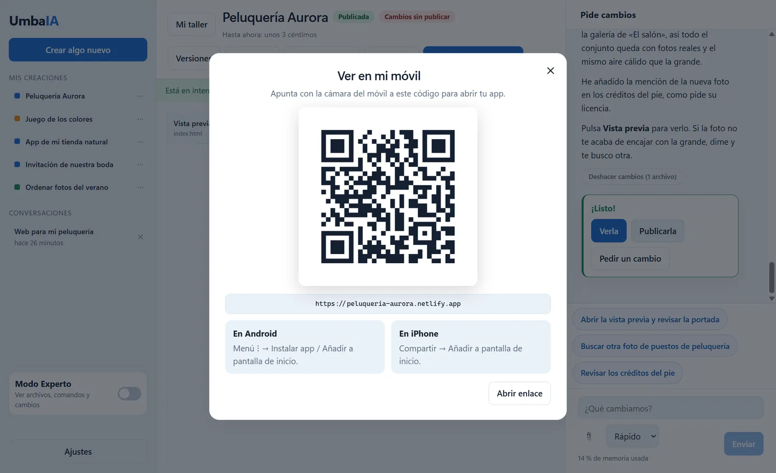 Ventana «Ver en mi móvil» de UmbaIA con un código QR para abrir la web en el teléfono.
