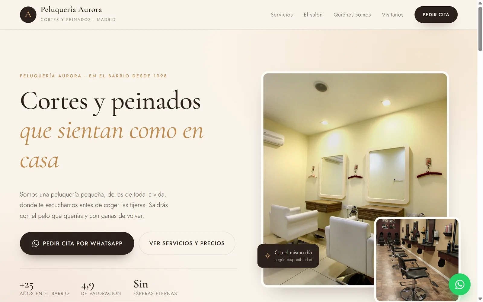 Web de una peluquería creada con UmbaIA, con los servicios y los precios, vista en el ordenador.